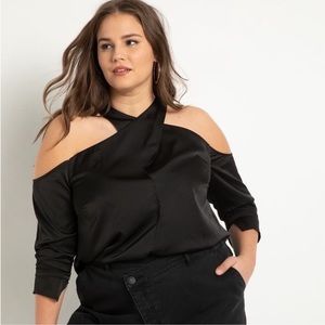 Eloquii Black Satin Halter Cross Neck Top
